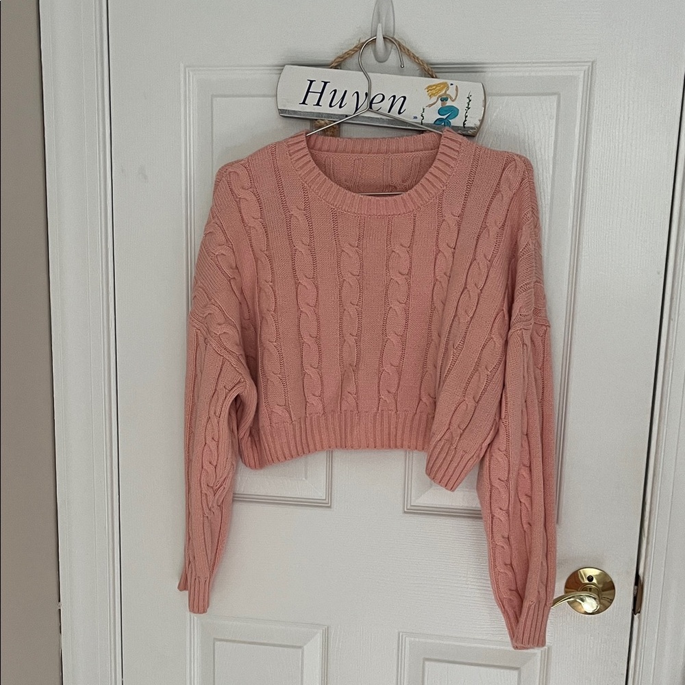 Dazy Pink Cable Knit Cropped Sweater